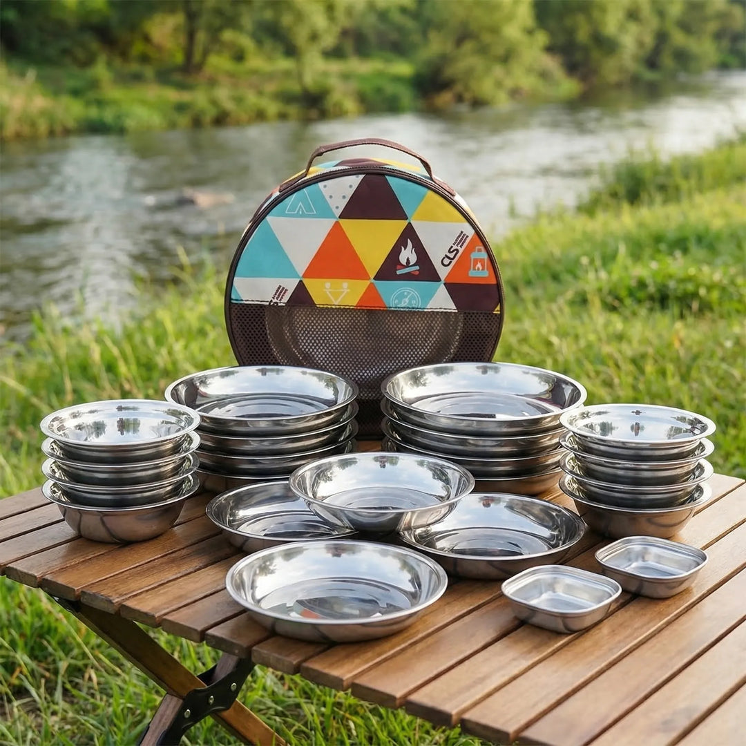 Unisex 22-piece portable outdoor dining set with metal plates for camping, picnics, and family meals.