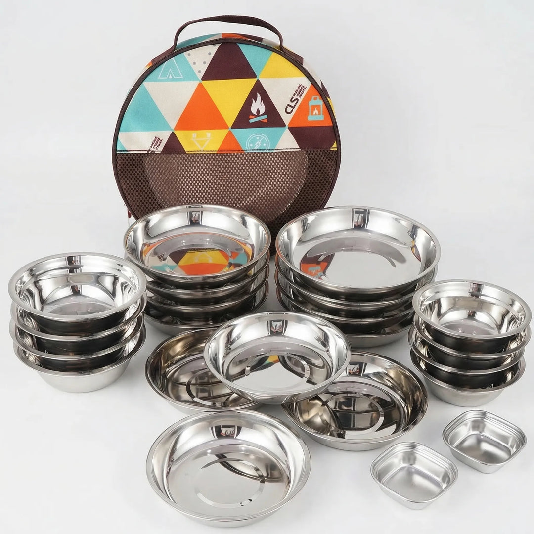 Reusable 22-piece portable camp kitchen tableware set, perfect for outdoor travel, camping & family picnics.
