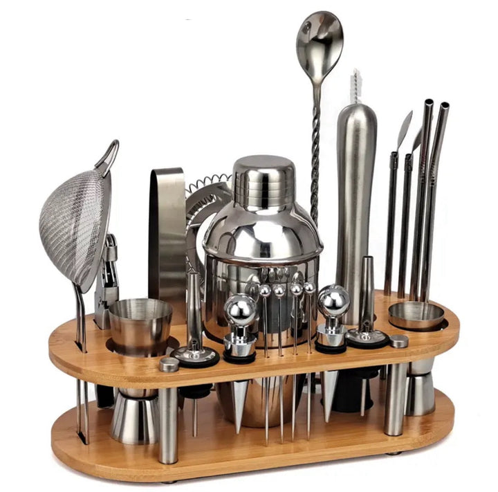 Unisex 23-piece professional bartender set with stainless steel tools, perfect for home bar mixology.