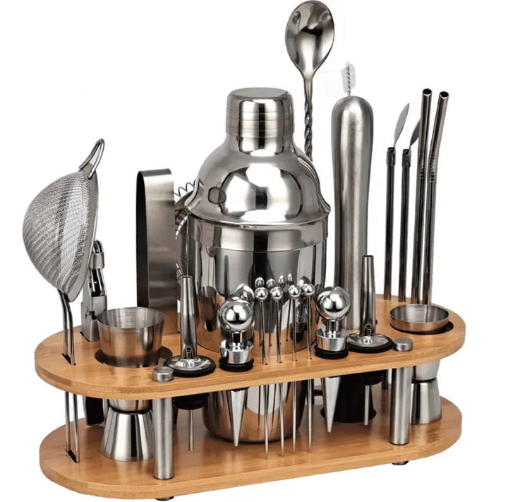 Professional 23-piece stainless steel bartender set neatly arranged on a stylish stand for easy access.