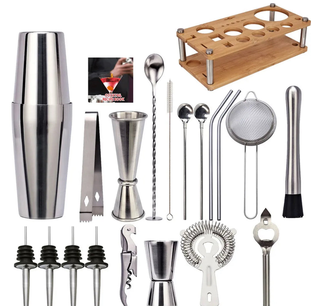 High-quality, durable stainless steel cocktail kit, a 23-piece professional bartender set for drink mixing.
