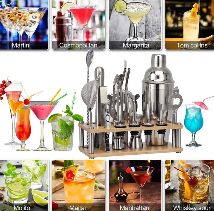Comprehensive unisex 23-piece mixology kit, featuring all essential bar tools for crafting cocktails at home.