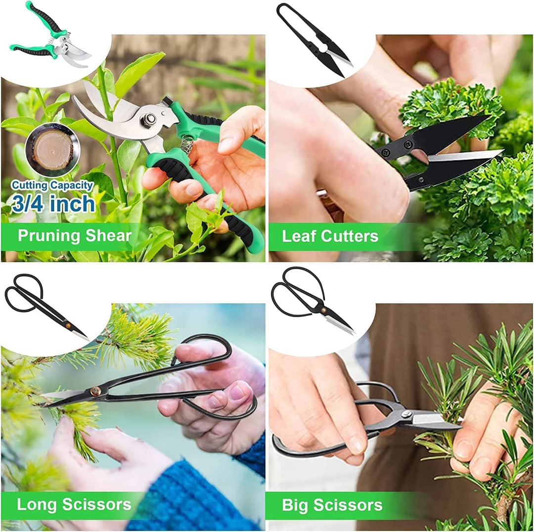 Close-up of high-carbon steel bonsai pruning shears, a key tool in the 24-piece gardening kit