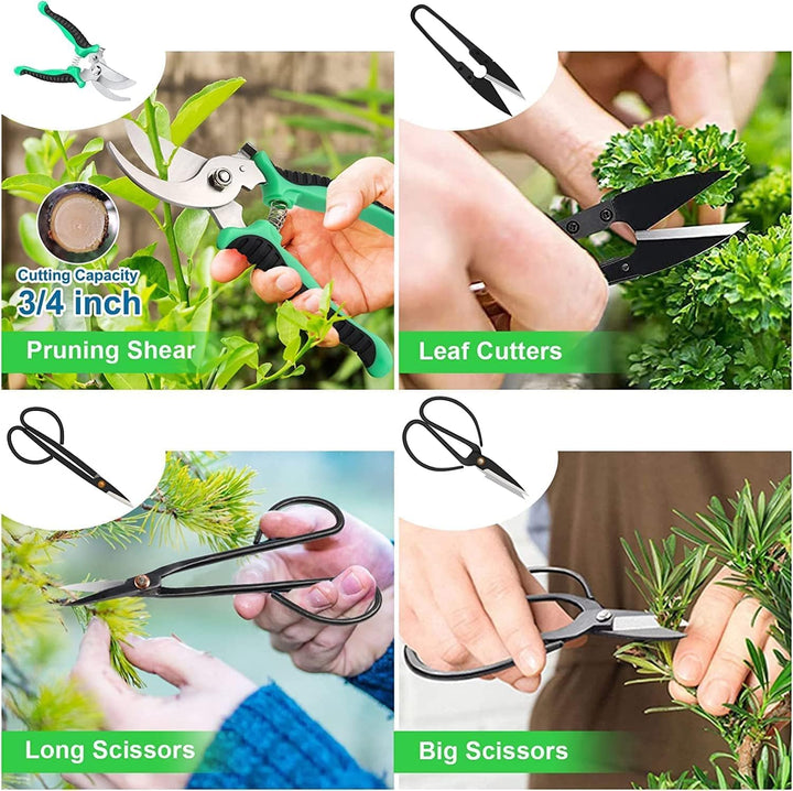 Close-up of high-carbon steel bonsai pruning shears, a key tool in the 24-piece gardening kit