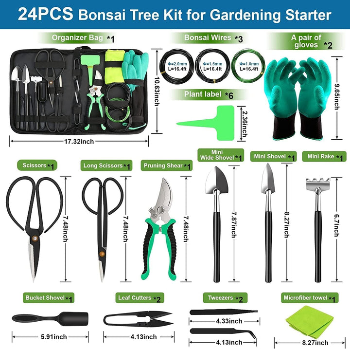 Unisex gardener using tools from the 24-piece bonsai care kit to prune a small bonsai tree