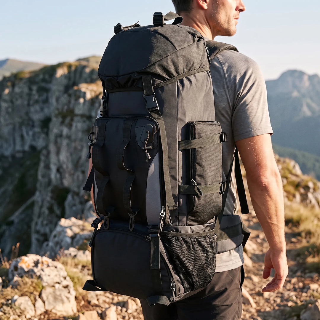 Unisex 24gal large hiking backpack in a rugged design, perfect for extended outdoor camping and travel trips.