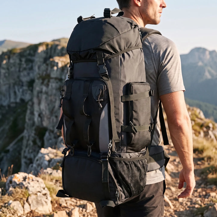 Unisex 24gal large hiking backpack in a rugged design, perfect for extended outdoor camping and travel trips.