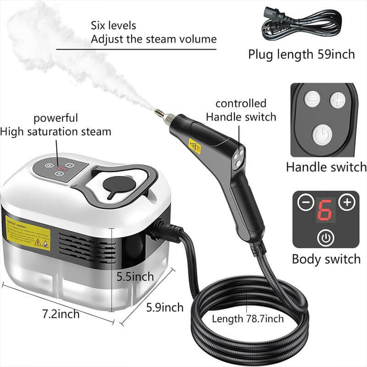High pressure 2500W steam cleaner for chemical-free sanitization and deep cleaning various surfaces.