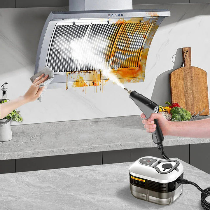 Powerful 2500W high pressure steam cleaner sanitizing home floors, perfect for deep cleaning.