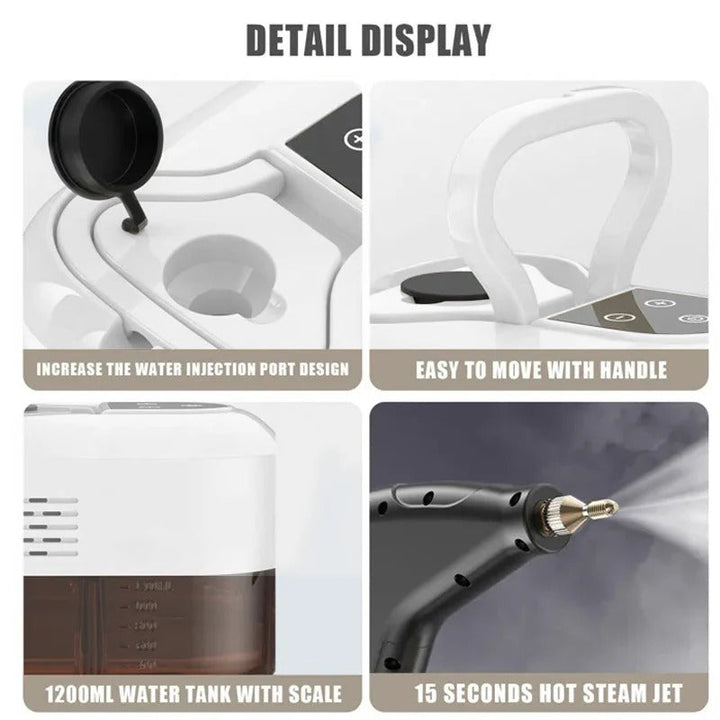 Compact 2500W heavy duty steam cleaner, easy to maneuver for deep home cleaning & sanitizing.