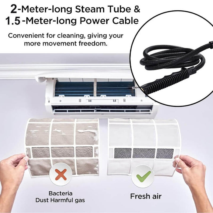 Intense steam from 2500W high pressure cleaner, demonstrating powerful deep cleaning action.