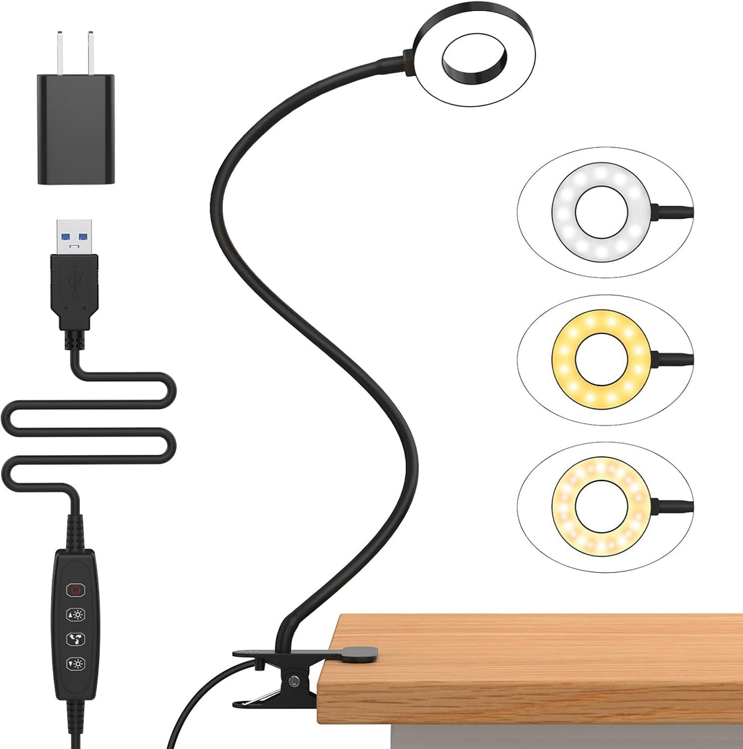 Unisex 3-Color LED Desk Clamp Lamp with flexible gooseneck, ideal for reading and study