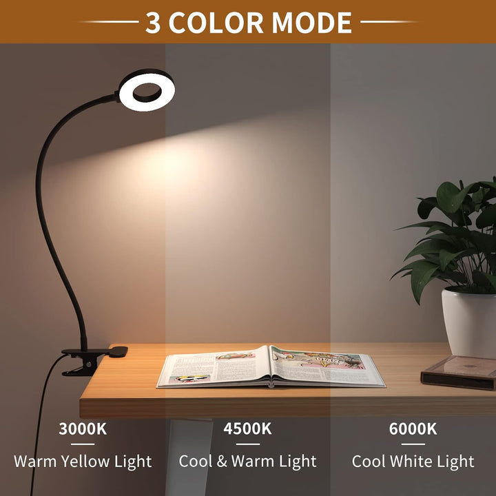 LED desk clamp lamp with 3 color modes, USB powered, perfect for home office task lighting