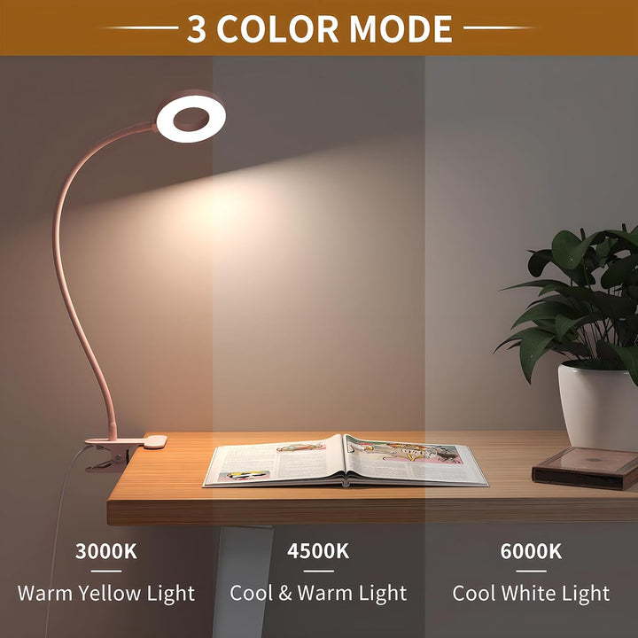 Portable LED reading light with clamp and flexible gooseneck, 3 light settings