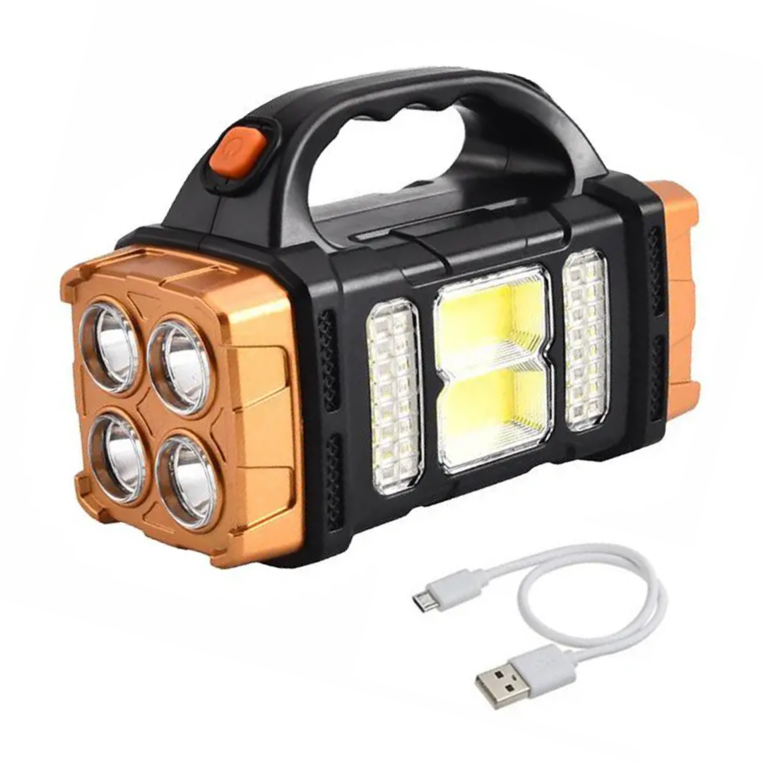 Portable solar power bank & flashlight; rechargeable emergency charger for phones & devices on the go.