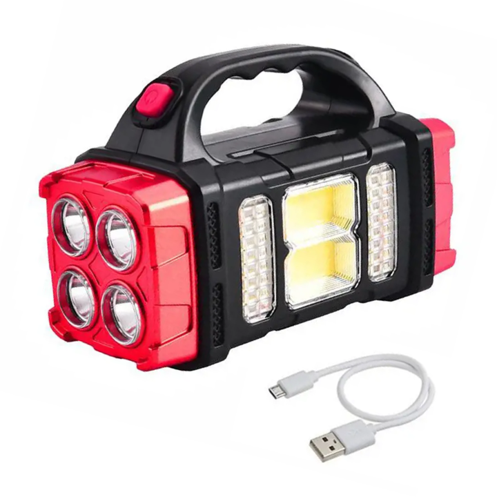 Bright LED torch for outdoor adventures & emergencies; water-resistant survival kit light with solar charging.