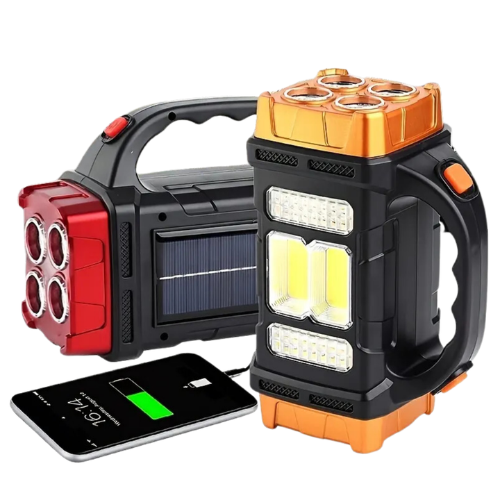 Essential emergency survival kit item: solar-powered flashlight with integrated portable phone charger.