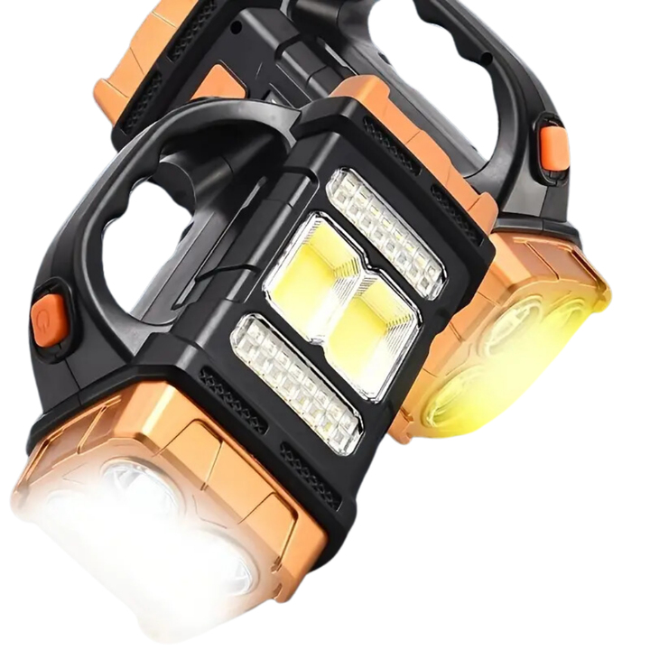 Rechargeable outdoor adventure light; solar power bank & emergency torch for hikers and campers.