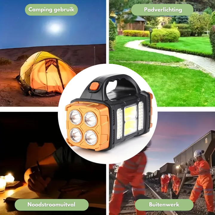 Water-resistant solar power bank with built-in torch; reliable portable charger for emergencies.