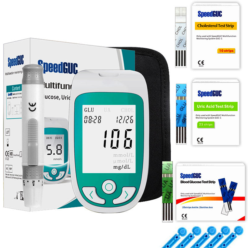 Unisex 3-in-1 health monitor for home cholesterol, glucose, & uric acid testing. Personal health tracker.