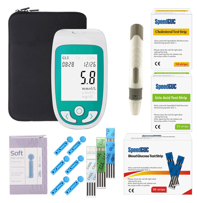 Compact blood test kit for cholesterol, glucose, and uric acid. Essential diagnostic tool for home health.