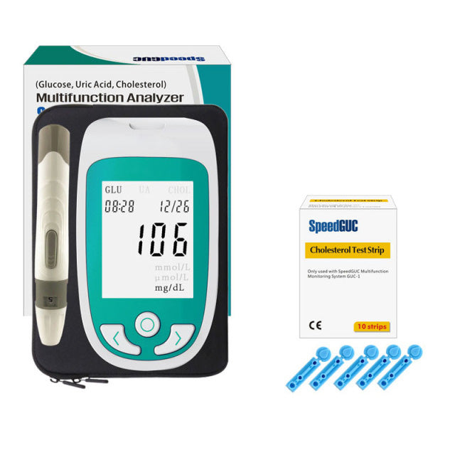 Portable unisex health monitor. Check blood cholesterol, glucose, and uric acid levels for comprehensive tracking.