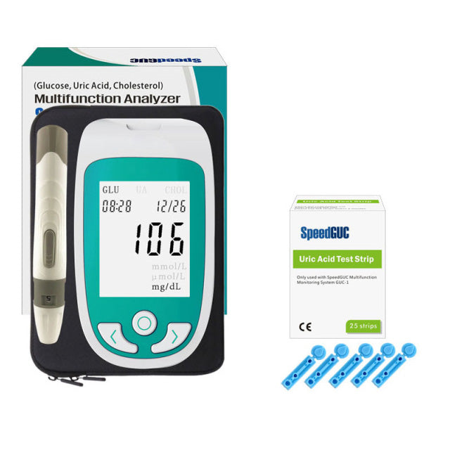 Sleek 3-in-1 blood test device for home use. Manages cholesterol, blood sugar, & uric acid for better health.