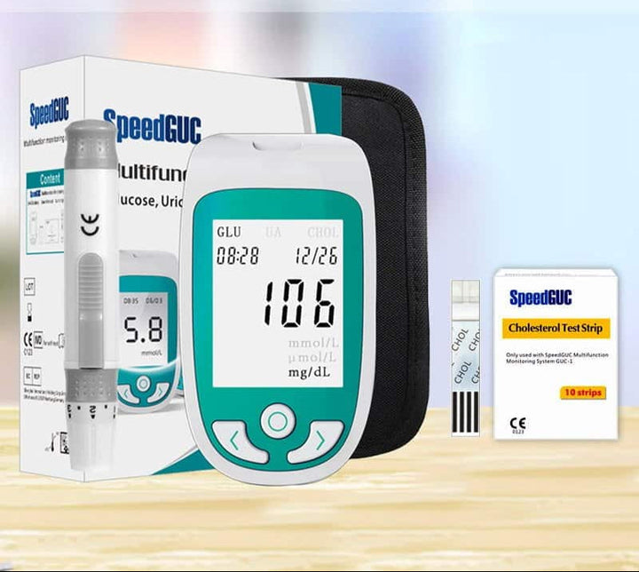 Advanced health diagnostic tool: monitor cholesterol, glucose, and uric acid. Ideal for diabetes management.