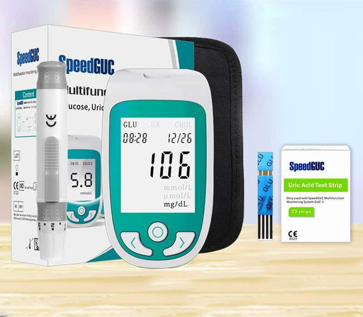 Home health solution: 3-in-1 monitor for blood glucose, cholesterol, & uric acid. Fast, accurate results.