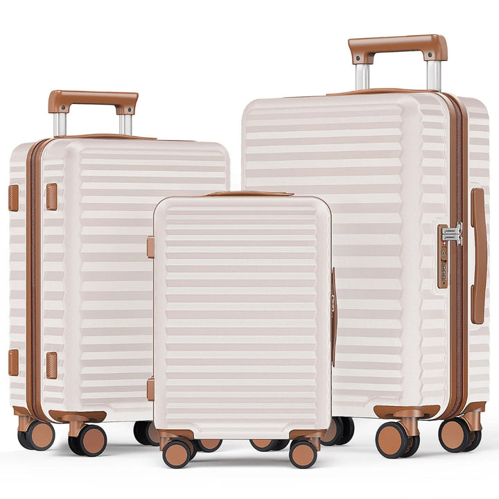 Complete unisex hard shell luggage set with Monaco Skyline print. Includes large, medium, & carry-on suitcases.