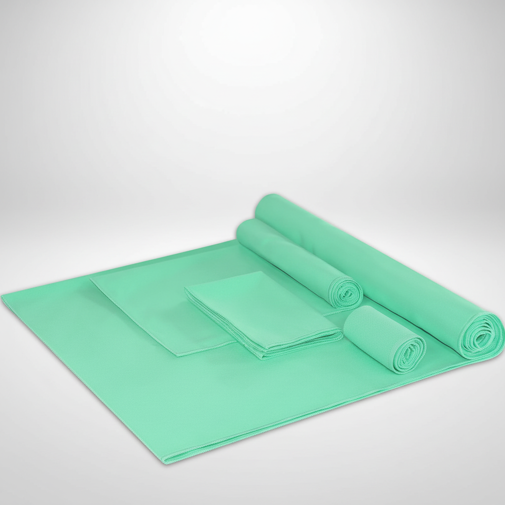 Unisex microfiber towel set showing all three sizes, quick dry and absorbent