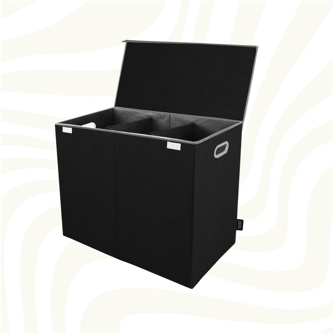 Unisex 3-section laundry sorter hamper with lid. Organizes dirty clothes by color for efficient laundry day. Home solution.