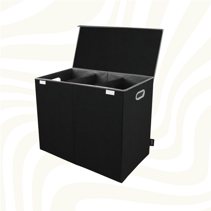 Unisex 3-section laundry sorter hamper with lid. Organizes dirty clothes by color for efficient laundry day. Home solution.