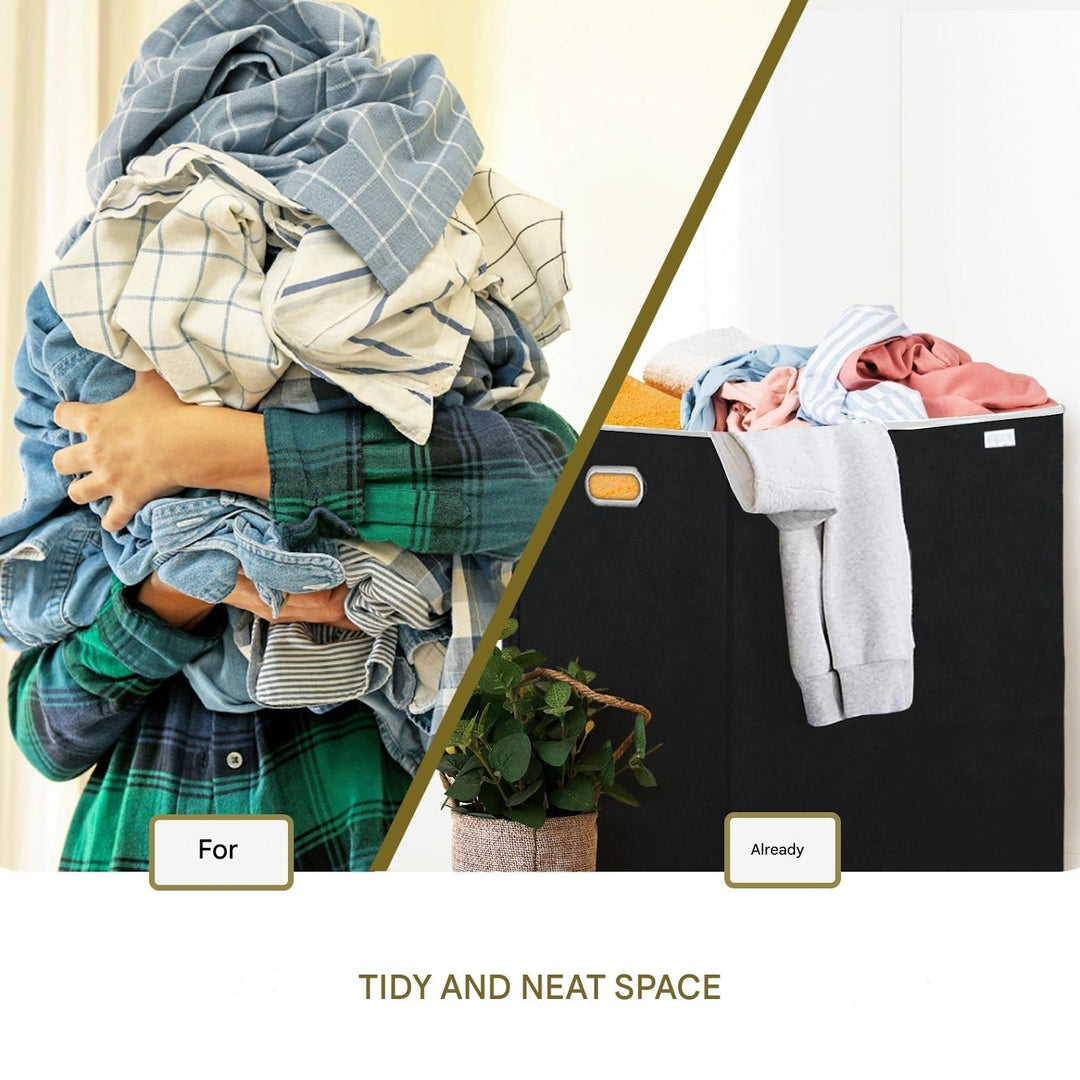 Durable 3-compartment laundry hamper basket for dirty clothes. A sturdy home organization and storage solution.