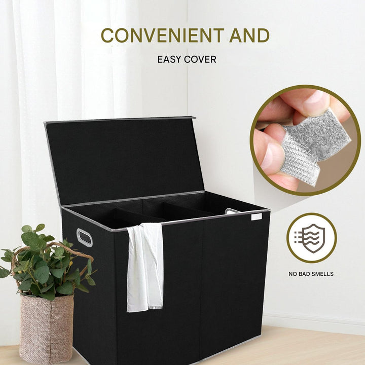 Stylish 3-section laundry basket, perfect for sorting dirty clothes. A practical home organization hamper with lid.