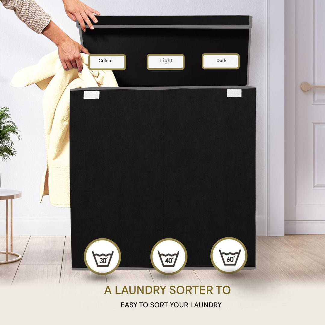 Practical 3-section laundry sorter hamper for organized dirty clothes. A great home storage solution for any room.