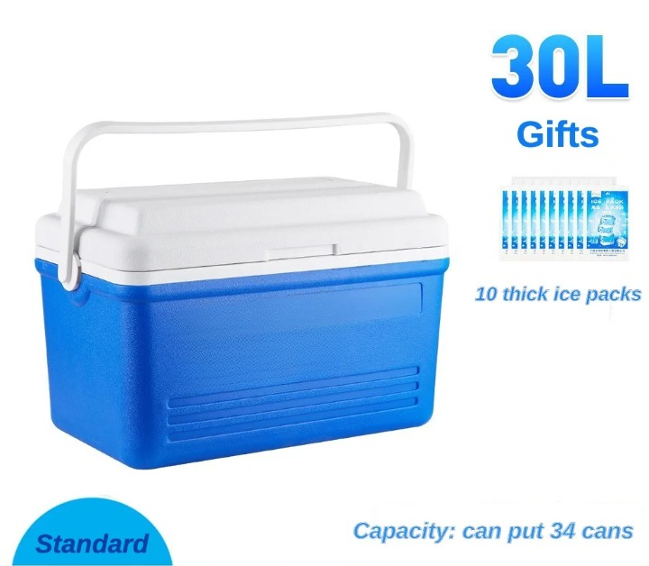 Close-up of the 30L portable insulated camping cooler box handle, highlighting its robust design.