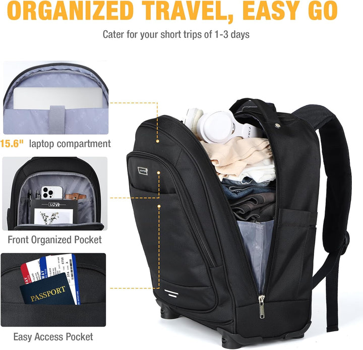 Water-resistant 30L rolling laptop backpack with 4 spinner wheels for commuters