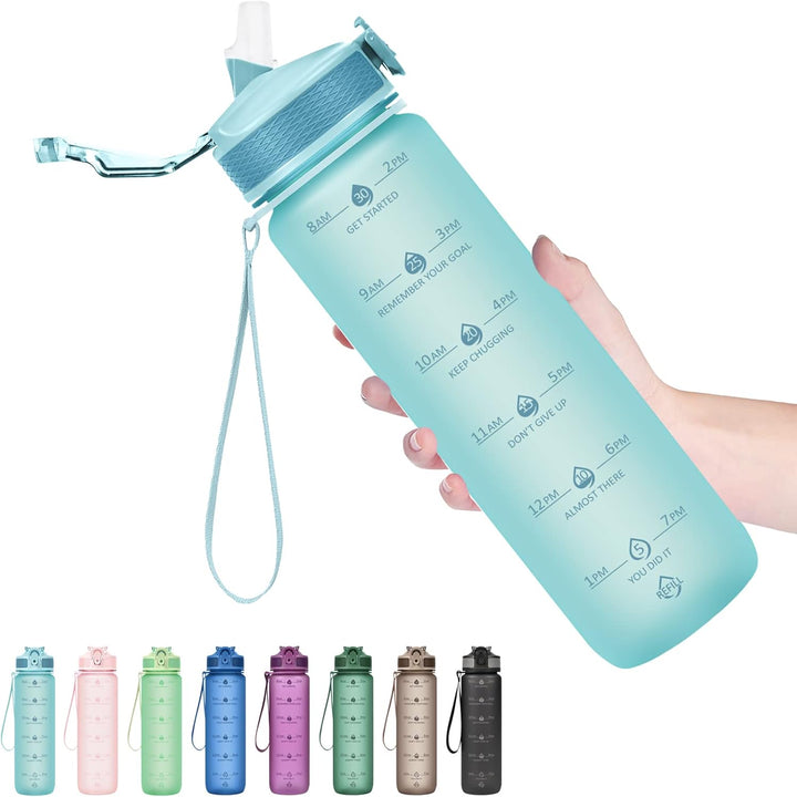 BPA-free unisex water bottle, 900ml, with straw. Motivational quotes for consistent hydration.