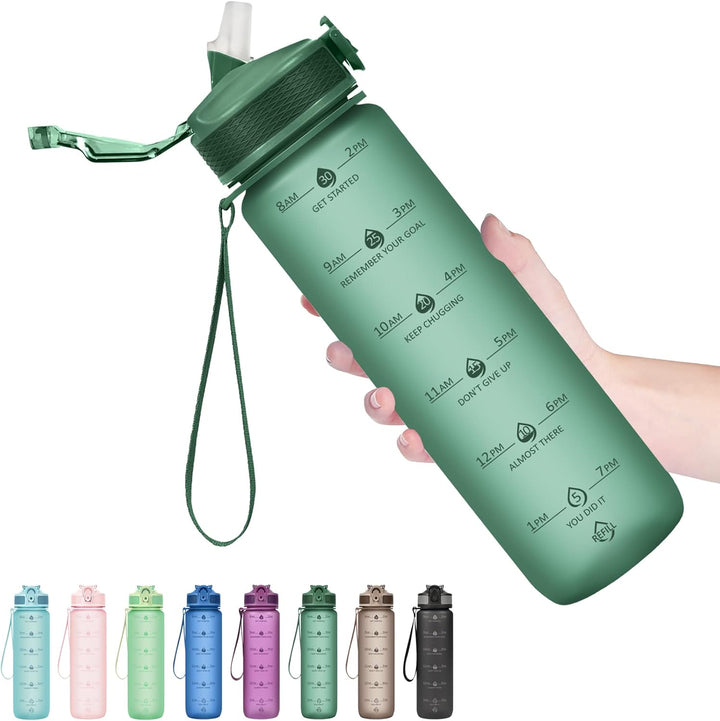 Hydration water bottle, 30 fl oz, with straw & motivational messages. Essential for gym & office.