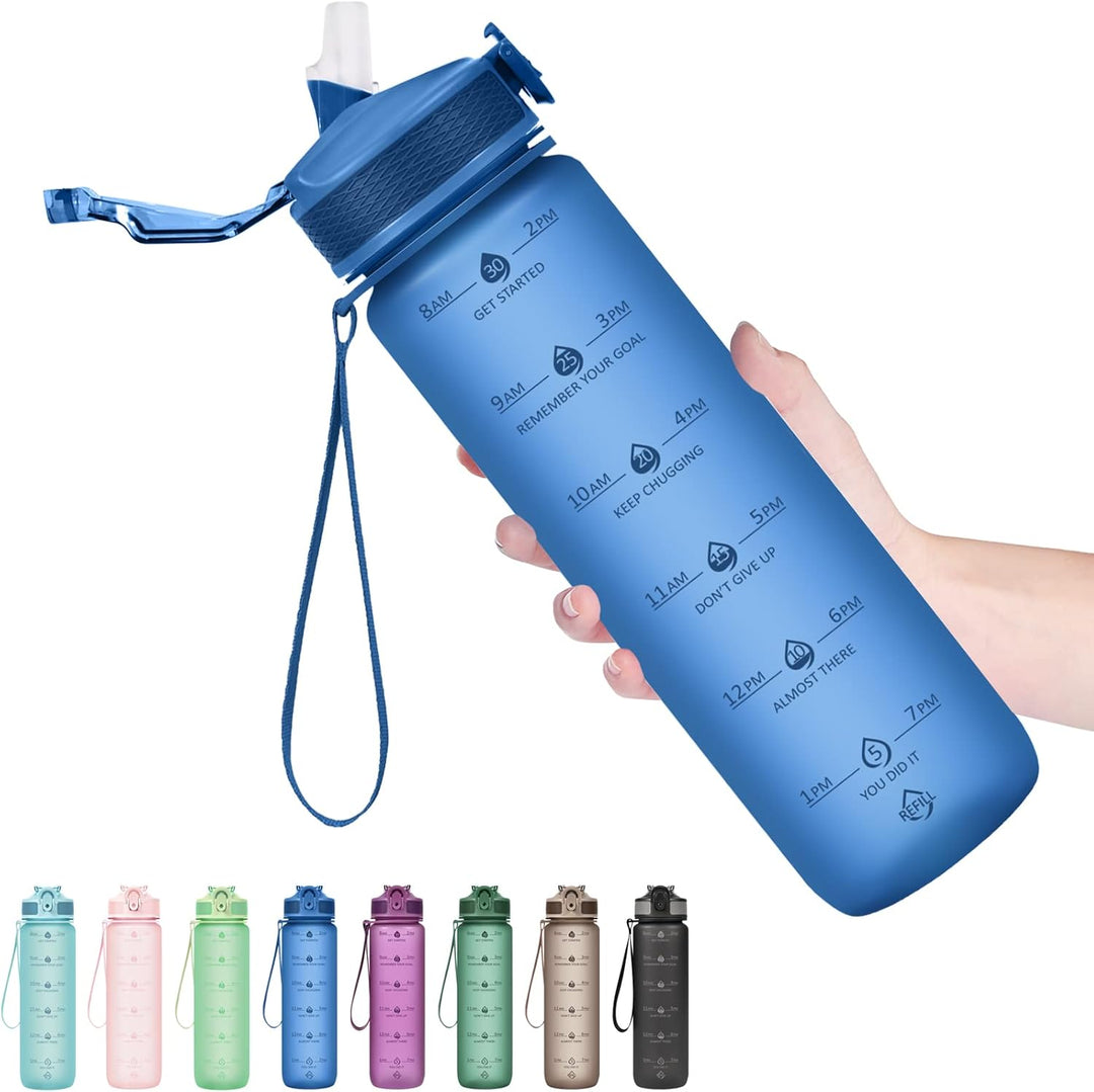 Sport bottle, 900ml, with straw, motivational quotes, & time markers. Reusable for active lifestyle.