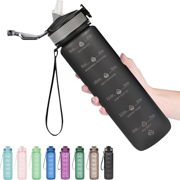 Leakproof 900ml motivational straw bottle. Great for fitness, gym, office, & consistent hydration.