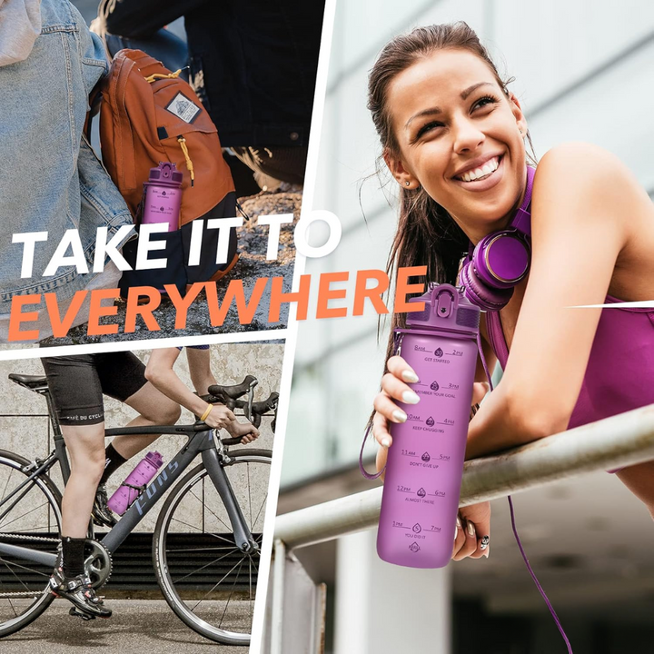 900ml reusable sport water bottle with time markers & straw. Perfect for fitness & daily hydration.