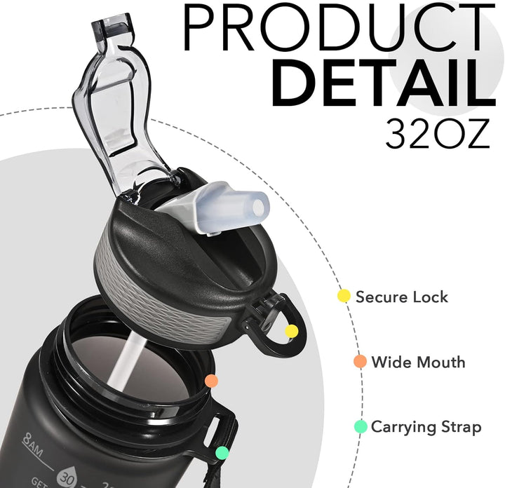 BPA-free motivational water bottle, 30oz, with straw for easy drinking. Ideal for gym & reusable.