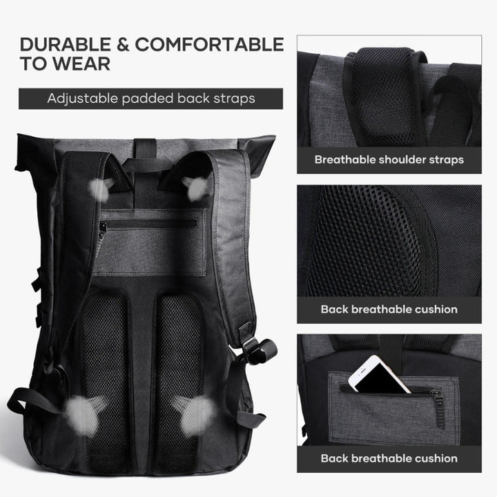 Spacious 35L sports & travel backpack in black, designed for men and women as a daily gym bag.