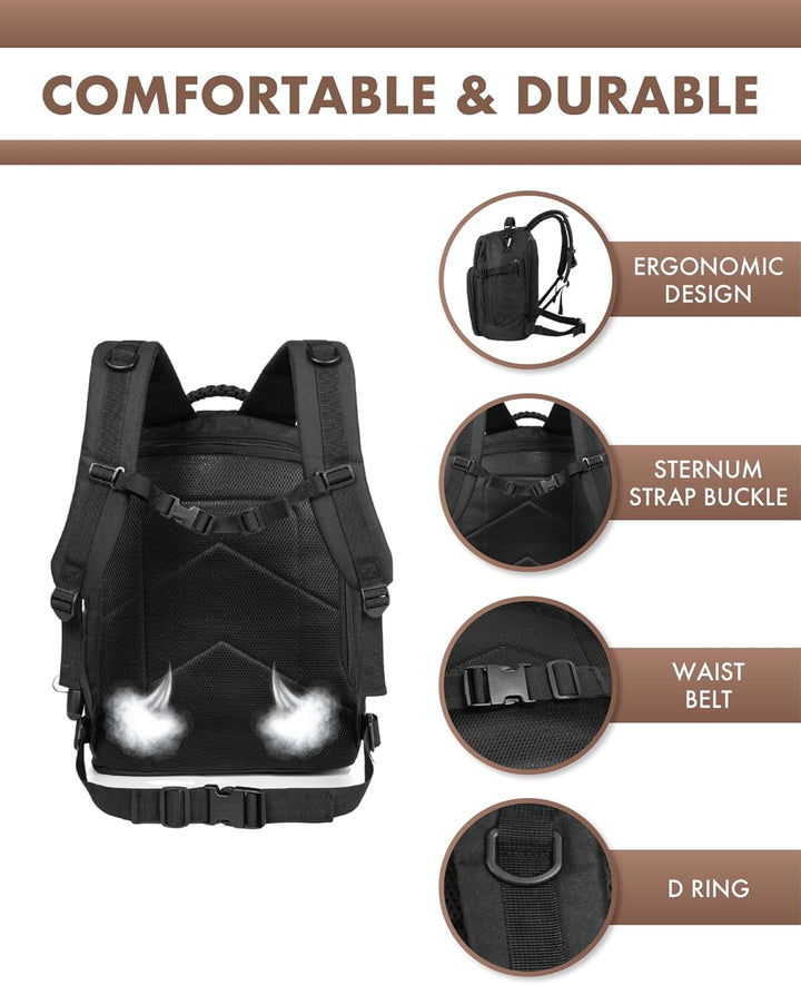 Detail of heavy-duty zippers & multiple storage pockets on a 35L tactical travel daypack for secure organization.