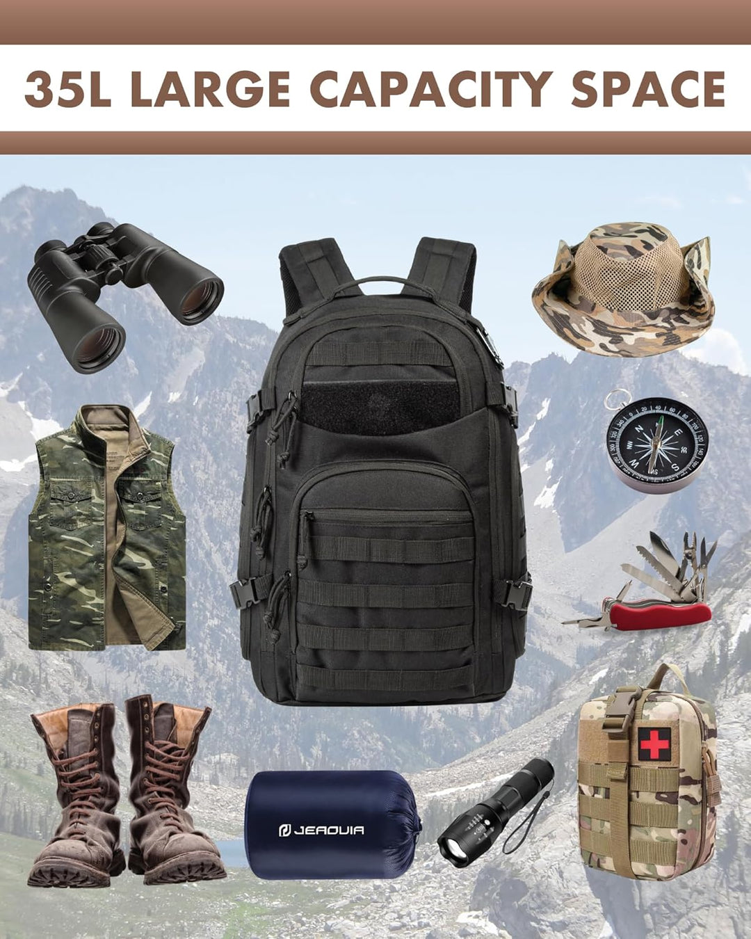 Unisex 35L tactical backpack: versatile for hiking, camping, travel, and daily laptop carry with rugged style.