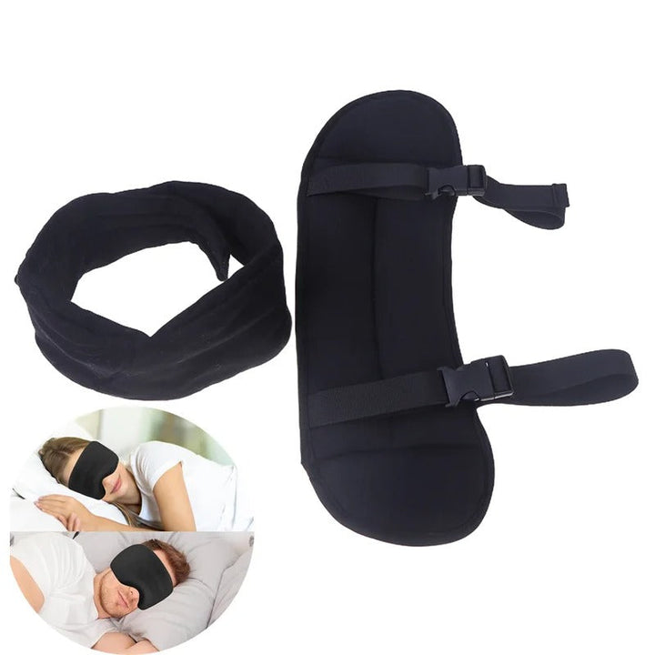 Portable travel neck pillow and eye mask providing head support for airplane sleep comfort.
