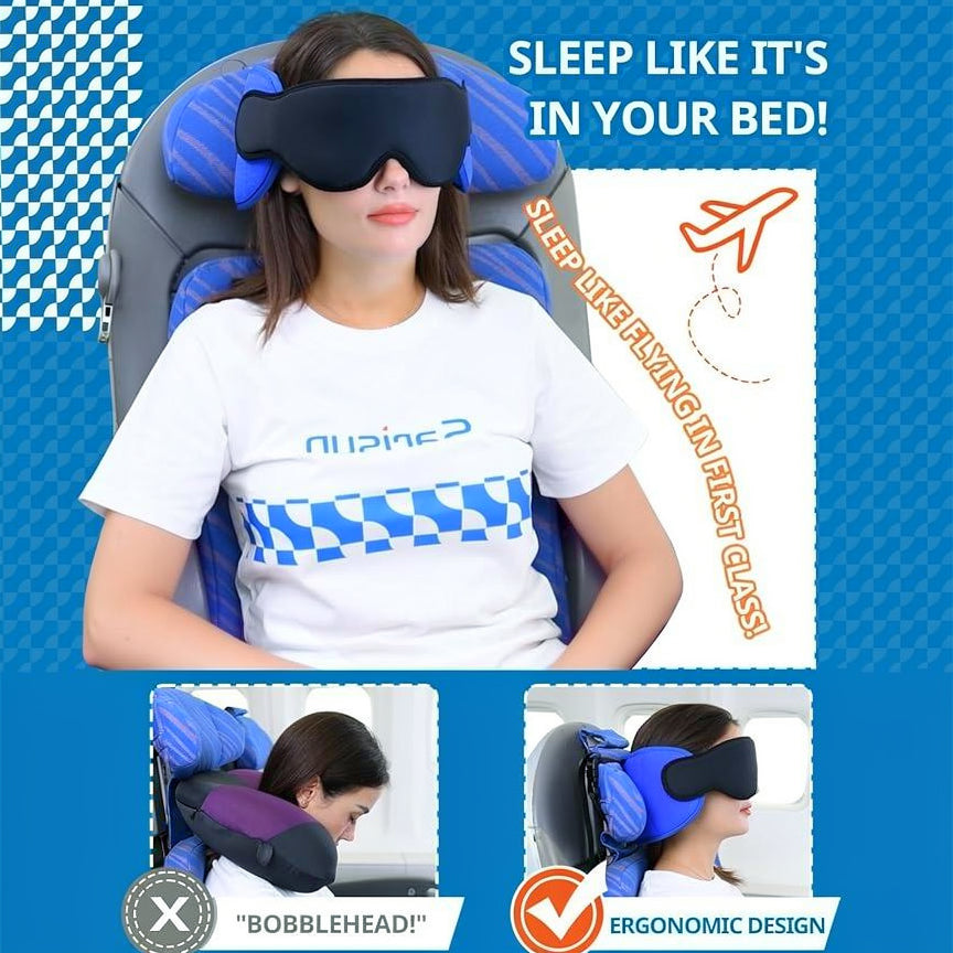 Compact unisex travel pillow set, offering ultimate neck support and sleep comfort with mask.