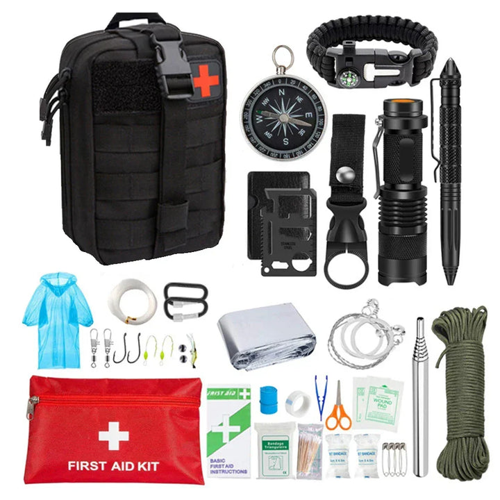 Unisex 38-in-1 emergency first aid and survival kit. Essential for outdoor adventures, camping, hiking & preparedness.
